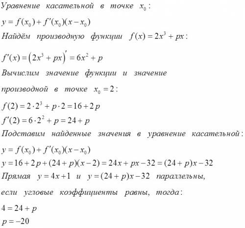 При каких значениях параметра p касательная к графику функции y=2x^3+px проведённая в точке x=2 пара