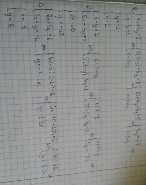 4×+3y=5 x-y=3 x-y=7 5x-3y=1 6x+5y=6 2x+y=-2