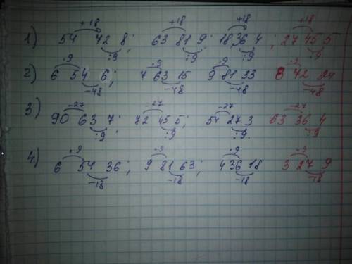Найди закономерность.для каждой строчки составь свою тройку чисел (решение) 1. 54 72 8; 63 81 9; 18