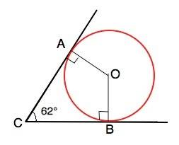 Вугол с величиной 62 градусов вписана окружность с центром о которая касается сторон угла в точках а