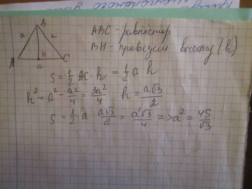Плщадь равностороннего треугольника равна s.найдите квадрат его стороны