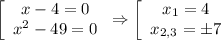 \left[\begin{array}{ccc}x-4=0\\ x^2-49=0\end{array}\right\Rightarrow \left[\begin{array}{ccc}x_1=4\\ x_{2,3}=\pm7\end{array}\right