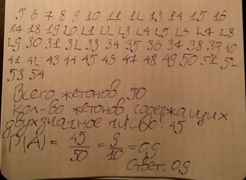 Вмешке содержатся жетоны с номерами от 5 до 54 включительно. какова вероятность, того, что извлеченн