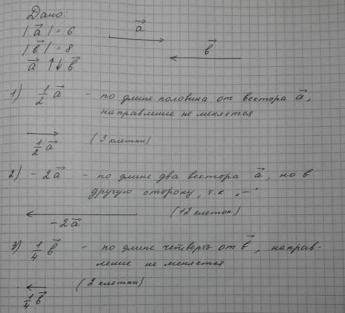 даны 2 вектора лежащие на одной пл -> a=6, -> b=8 (1 кл=1см) направвление векторов проивополож