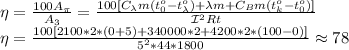 \eta= \frac{100A_\pi}{A_3}= \frac{100[C_\lambda m(t_0^o-t_\lambda^o)+\lambda m+C_Bm(t_k^o-t_0^o)]}{\mathcal{I}^2Rt}\\&#10;\eta = \frac{100[2100*2*(0+5)+340000*2+4200*2*(100-0)]}{5^2*44*1800}\approx 78