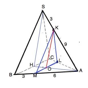Сторона основания правильной треугольной пирамиды sabc равна 9, а боковое ребро 12. на ребре основан