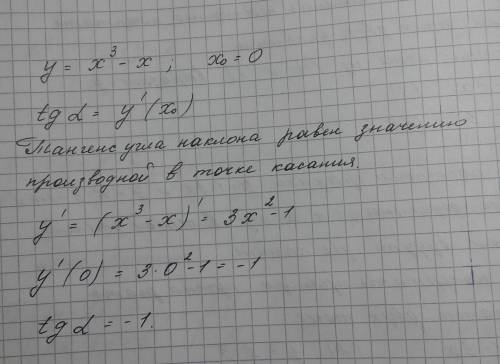 Найдите тангенс угла наклона касательной,проведенной к графику функции y=x^3-x в точке с абсциссой x