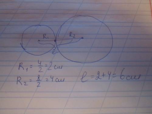 Две окружности диаметром 4 и 8 см касаются внешним образом найдите расстояние между центрами этих ок