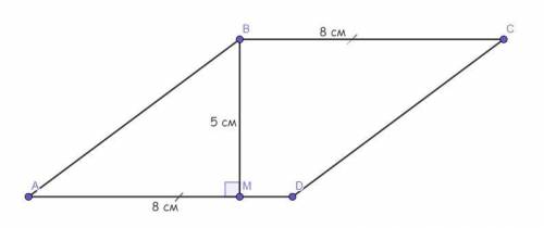 Упаралелограма abcd проведено висоту bm до сторони ad. обчисліть площу паралелограма, якщо bc=8см, b