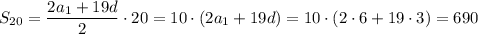 S_{20}= \dfrac{2a_1+19d}{2}\cdot20=10\cdot(2a_1+19d)=10\cdot(2\cdot6+19\cdot3)= 690