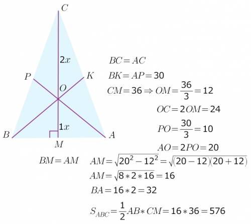 Медиана равнобедреного треугольника 30 см 30 см 36 см найдите площадь треугольника