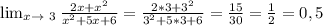 \lim_{x \to \ 3} \frac{2x+ x^{2} }{ x^{2} +5x+6}= \frac{2*3+ 3^{2} }{ 3^{2}+5*3+6 } = \frac{15}{30} = \frac{1}{2}=0,5