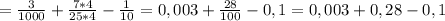 = \frac{3}{1000} + \frac{7*4}{25*4} - \frac{1}{10} =0,003+ \frac{28}{100} -0,1=0,003+0,28-0,1