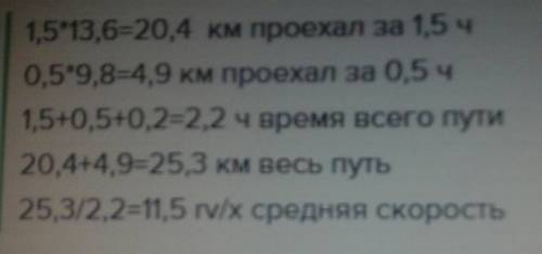 Велосипедист ехал 1,5ч со скорлстью13,6км /ч по асфальтированной дороге,после отдыха в течение0,2ч о