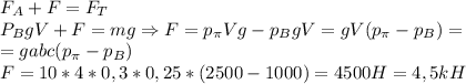 F_A+F=F_T\\&#10;P_BgV+F=mg \Rightarrow F=p_\pi Vg-p_BgV=gV(p_\pi-p_B)=\\&#10;=gabc(p_\pi-p_B)\\&#10;F=10*4*0,3*0,25*(2500-1000)=4500H=4,5kH&#10;&#10;