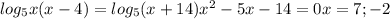 log_5{x(x-4)}=log_5(x+14)&#10; x^{2} -5x-14=0&#10;x=7; -2