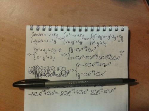 Решить систему дифференциальных уравнений dx/dt= -x+8y dy/dt= x-3y