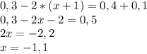 0,3-2*(x+1)=0,4+0,1\\0,3-2x-2=0,5\\2x=-2,2\\x=-1,1