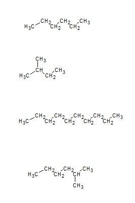 Структурные формулы алканов: гексана, 3-метилбутана,декана, 2-метилгексана.