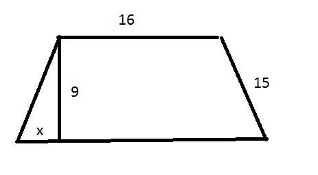 Вравнобедренной трапеции известны длины: боковой стороны -15 см,меньшего основания -16см,и высоты 9с