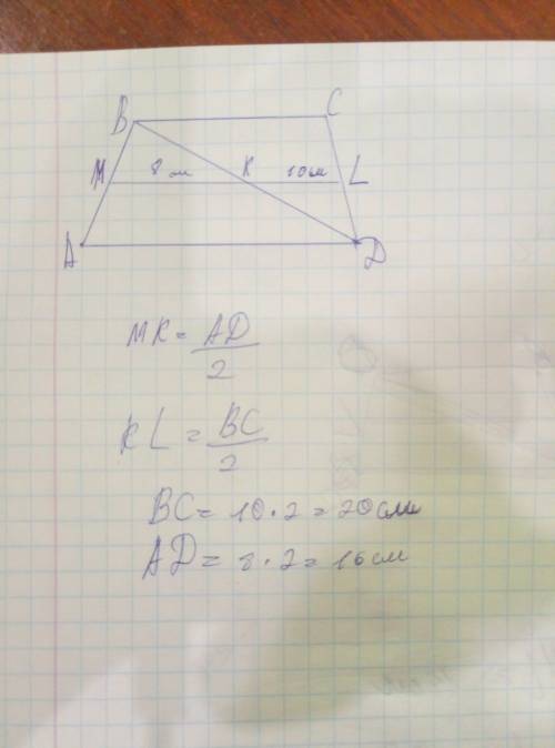Втрапеции abcd (ad ii bc) проведена средняя линия ml (m принадлежит ab, l принадлежит сd), которая п