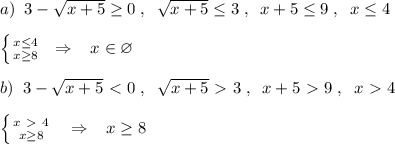 a)\; \; 3-\sqrt{x+5} \geq 0\; ,\; \; \sqrt{x+5} \leq 3\; ,\; \; x+5 \leq 9\; ,\; \; x \leq 4\\\\ \left \{ {{x \leq 4} \atop {x \geq 8}} \right. \; \; \Rightarrow \; \; \; x\in \varnothing \\\\b)\; \; 3-\sqrt{x+5}\ \textless \ 0\; ,\; \; \sqrt{x+5}\ \textgreater \ 3\; ,\; \; x+5\ \textgreater \ 9\; ,\; \; x\ \textgreater \ 4\\\\ \left \{ {{x\ \textgreater \ 4} \atop {x \geq 8}} \right. \; \; \; \Rightarrow \; \; \; x \geq 8