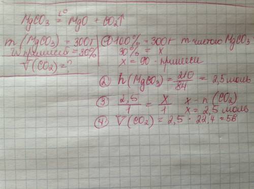 Разложили 300 г карбоната магния,содержащего 30 % примесей. какой объём углекислого газа выделится?