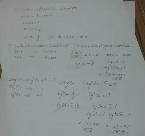 1) sin2x= (cosx-sinx)^{2} 2)3sin^{2} x+5sinxcosx+2cos ^{2} x=0 3)