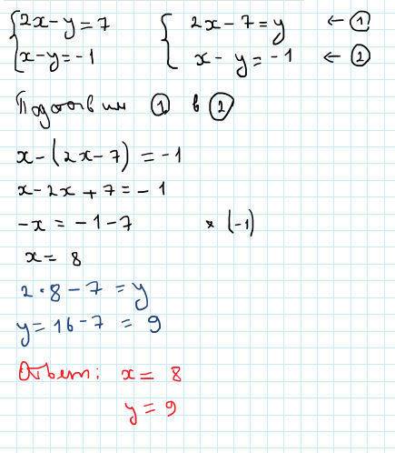 Решите систему ур-ий методом ! 2x-y=7 x-y=-1