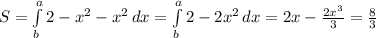 S= \int\limits^a_b {2-x^2 -x^2} \, dx = \int\limits^a_b {2-2x^2} \, dx =2x- \frac{2x^3}{3}= \frac{8}{3}