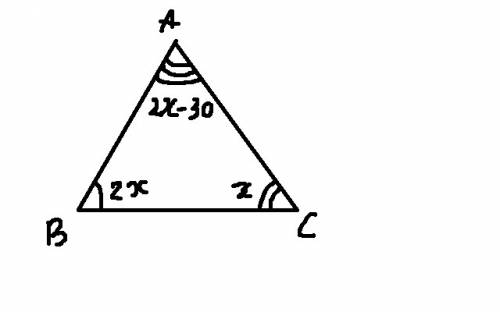 Втреугольнике авс угол а на 30 градусов меньше угла в,угол в в 2 раза больше угла с найти углы треуг