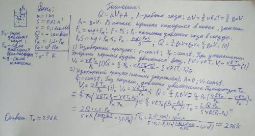 Вертикальный цилиндр закрыт горизонтально расположенным поршнем массой 1 кг и площадью 0,02 м2, кото