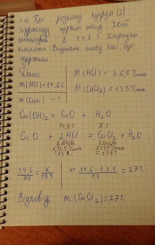 При розкладі (2) гідроксиду одержали оксид, який пропагував з 14,6 г хлоридної кислоти. визначте мас