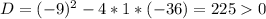 D=(-9)^2-4*1*(-36)=2250