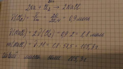 Какая масса соли получится при взаимодействии 20 л хлора (н/у) с металлическим натрием?