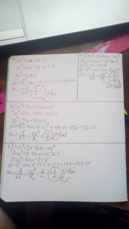 Неравенства 1) x²+2> x+2 2) x²+2x> 16x-49 3) 3x²+9< 12x-x² 4) 5x²+1≥6x-4x².