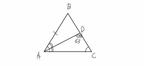 Вравнобедренном треугольнике abc с основание ac проведена биссектриса ad найдите угол b если adc=63