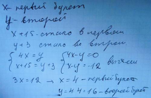 Впервом букете было в 4 раза меньше роз ,чем во втором .когда к первому букету добавили 15 роз ,а ко