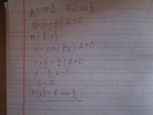 Найти первообразную , график которой проходит через точку м y=cosx/2 , m(n/3; 1)