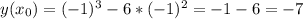 y(x_0)=(-1)^3-6*(-1)^2=-1-6=-7