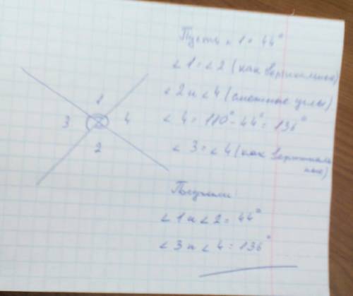 Один из углов, образованных при пересечении двух прямых, равен 44 градуса. найдите остальные углы.