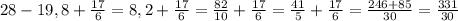 28-19,8+ \frac{17}{6} =8,2+ \frac{17}{6} = \frac{82}{10} + \frac{17}{6} = \frac{41}{5} + \frac{17}{6} = \frac{246+85}{30} = \frac{331}{30}