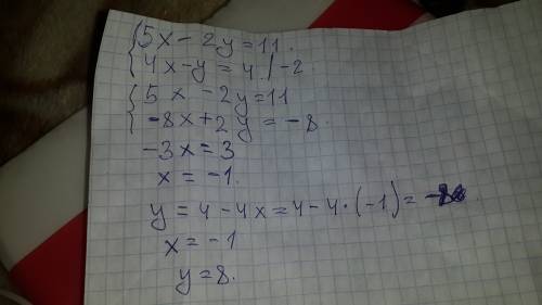 Решите систему уравнений {5x-2y=11 4x-y=4