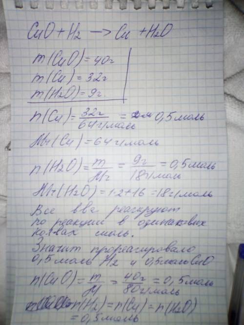 40г меди(||) взаймадействует с водородом: cuo+h2=cu+h2o.в результате реакций формируется 32г меди и