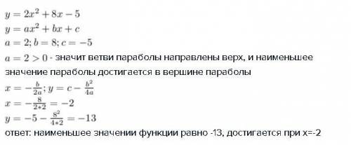 Найдите наименьшее значение функции y = 2x^2+8x-5.