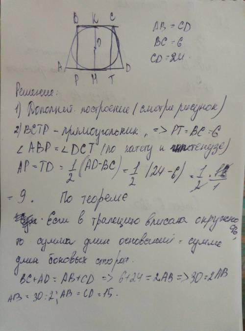 Около окружности описана равнобедренная трапеция, основания которой равны 6 см и 24 см. найдите ради