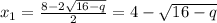 x_{1}= \frac{8-2 \sqrt{16-q}}{2}=4-\sqrt{16-q}