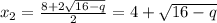 x_{2}= \frac{8+2 \sqrt{16-q}}{2}=4+\sqrt{16-q}