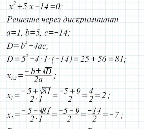 Суму та добуток x²+5x-14=0; заменимо x² через в: a²+5a-14=0; д=(5)²-4*1*(-14)=? решите дальше я незн