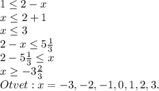 1 \leq 2-x \\ x \leq 2+1 \\ x \leq 3 \\ 2-x \leq 5 \frac{1}{3} \\ 2-5 \frac{1}{3} \leq x \\ x \geq -3 \frac{2}{3} \\ Otvet:x=-3, -2, -1, 0, 1, 2, 3.